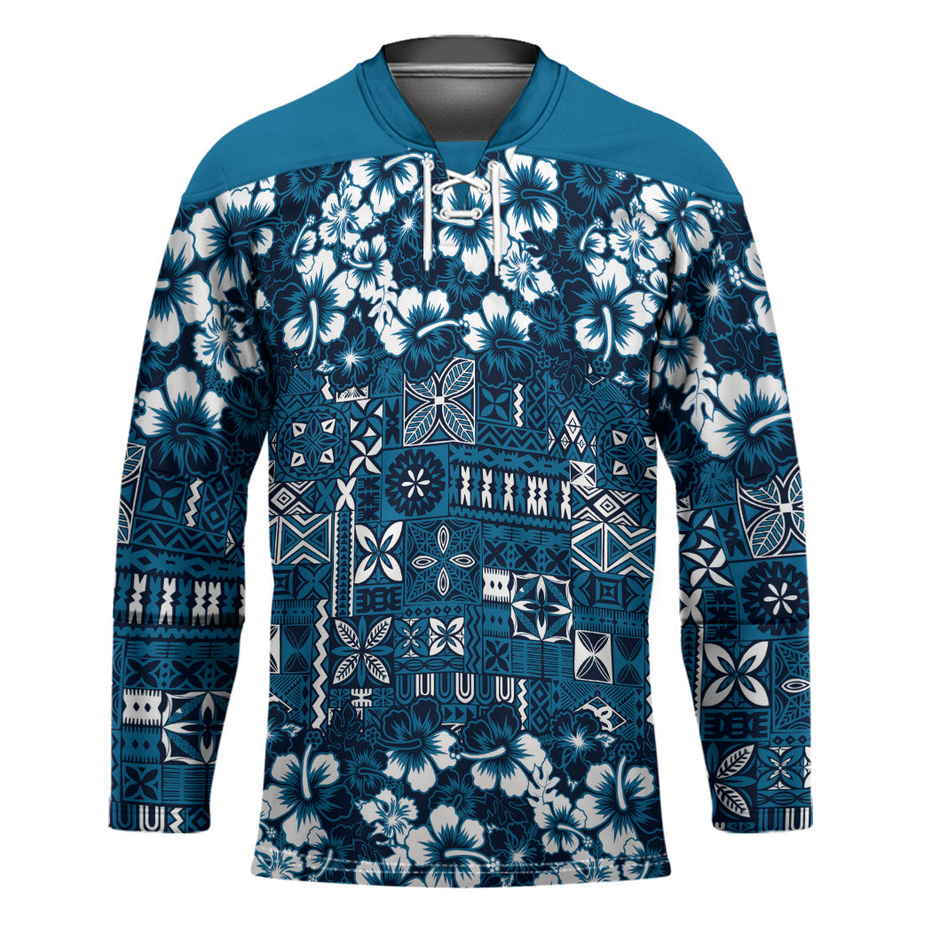 Blue Hawaiian Tapa Tribal Hibiscus Hockey Jersey