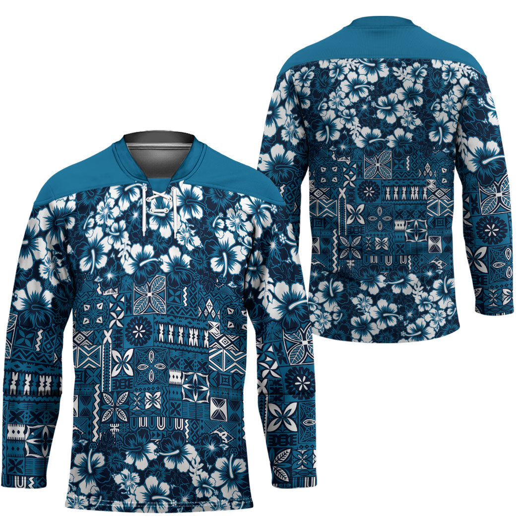 Blue Hawaiian Tapa Tribal Hibiscus Hockey Jersey