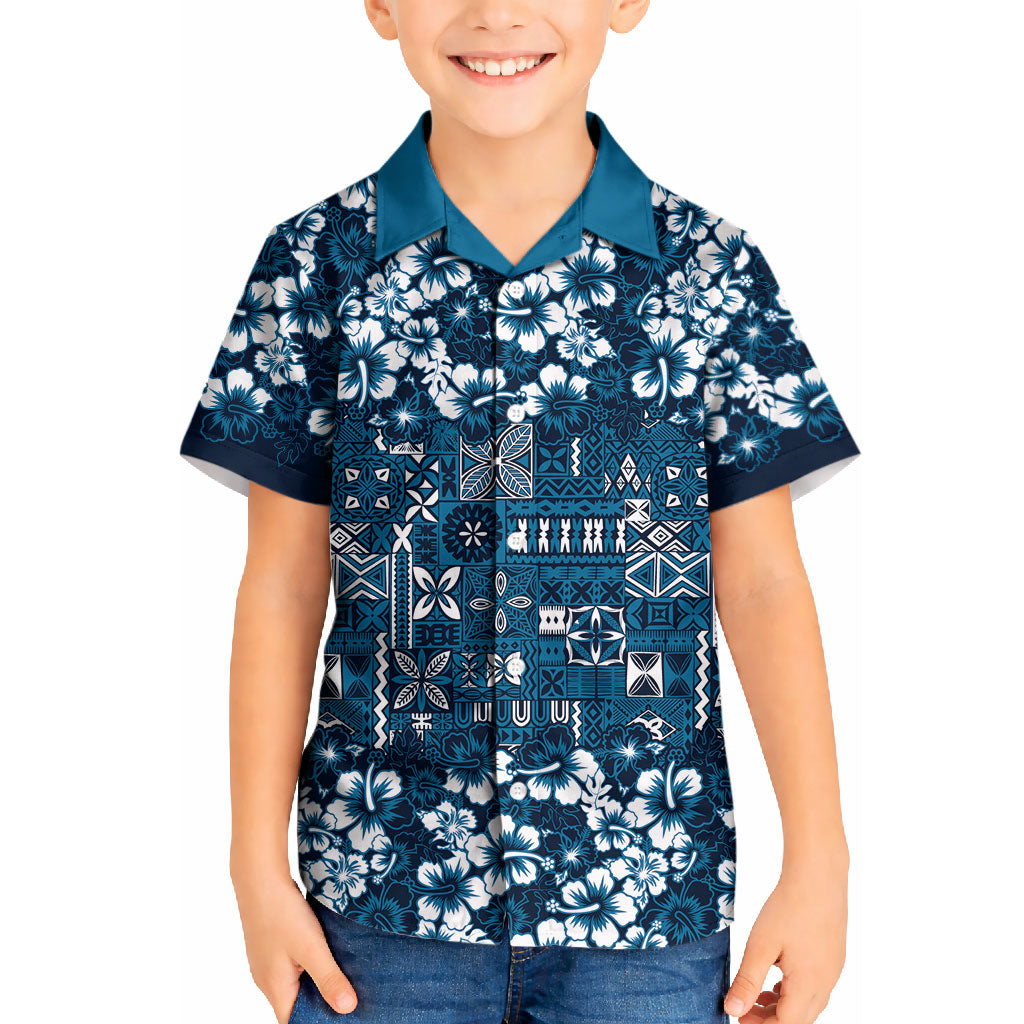 Blue Hawaiian Tapa Tribal Hibiscus Kid Hawaiian Shirt
