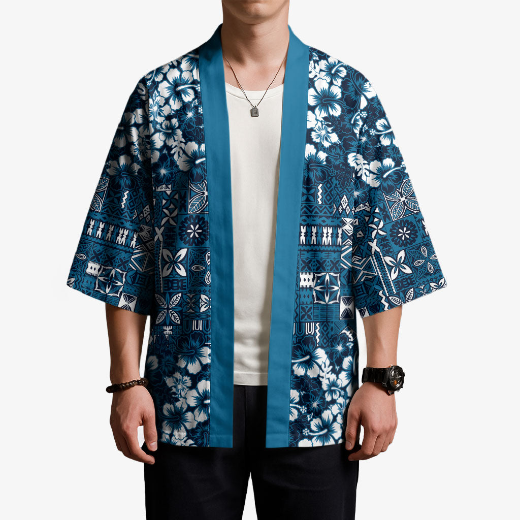 Blue Hawaiian Tapa Tribal Hibiscus Kimono