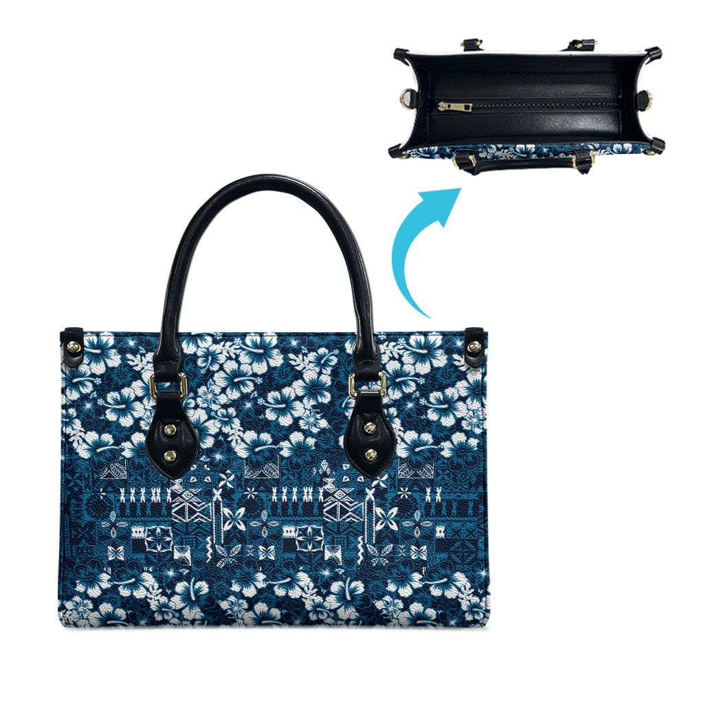 Blue Hawaiian Tapa Tribal Hibiscus Leather Bag