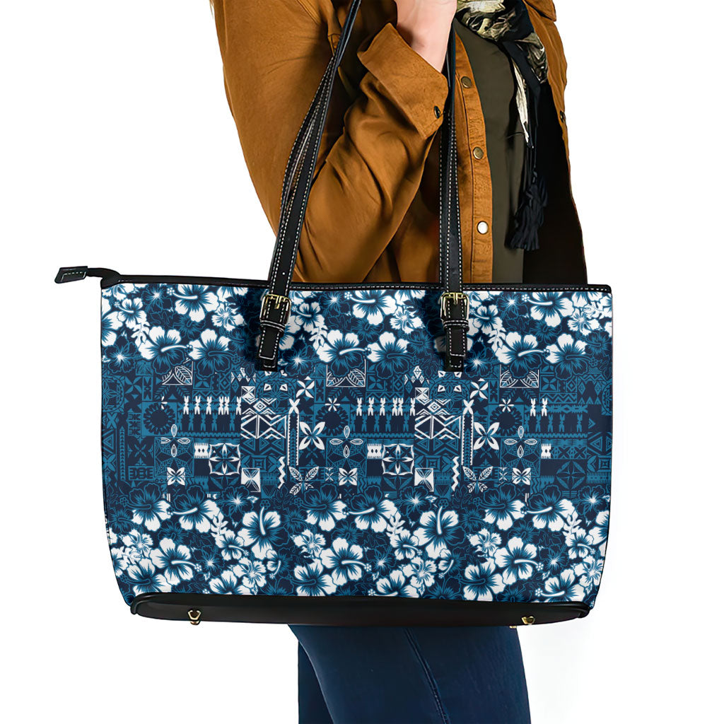 Blue Hawaiian Tapa Tribal Hibiscus Leather Tote Bag