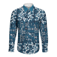 Blue Hawaiian Tapa Tribal Hibiscus Long Sleeve Button Shirt