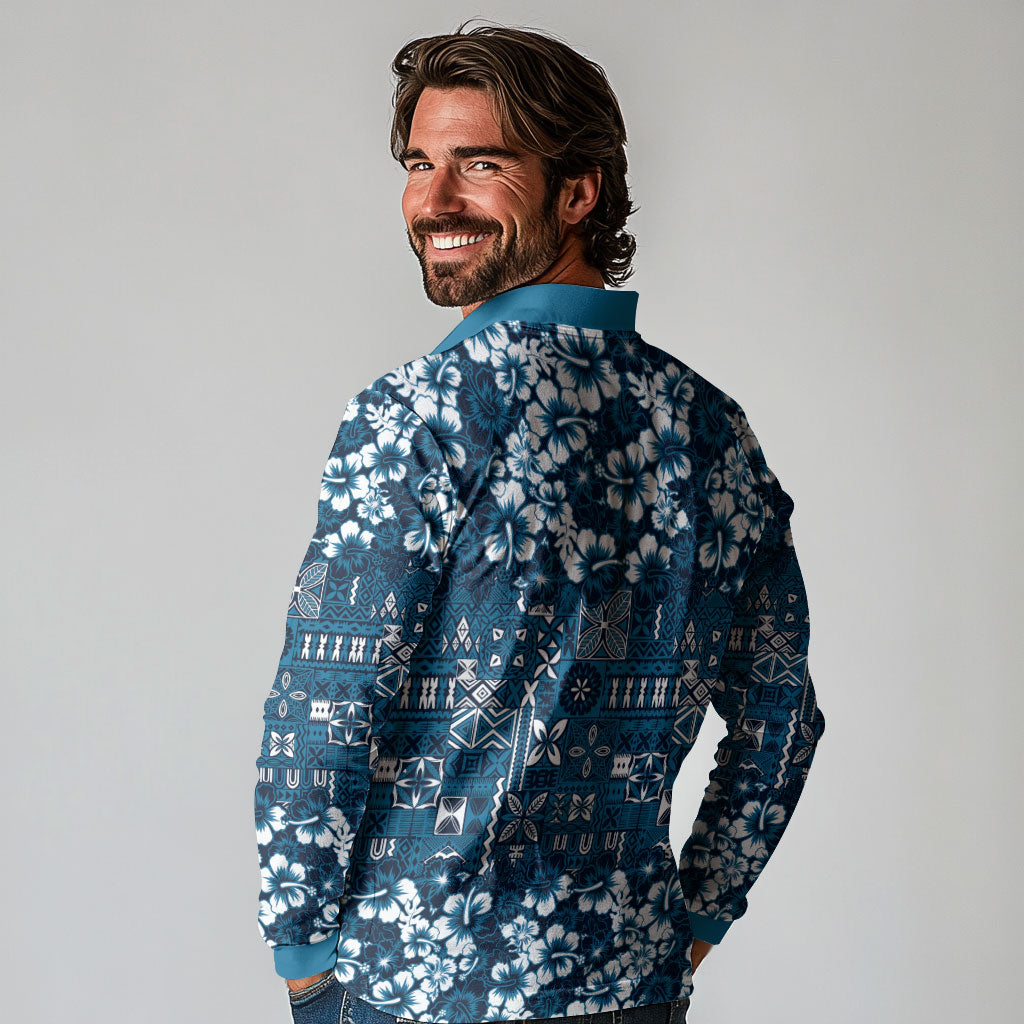 Blue Hawaiian Tapa Tribal Hibiscus Long Sleeve Polo Shirt