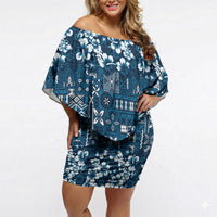 Blue Hawaiian Tapa Tribal Hibiscus Off Shoulder Short Dress