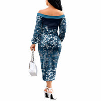 Blue Hawaiian Tapa Tribal Hibiscus Off The Shoulder Long Sleeve Dress