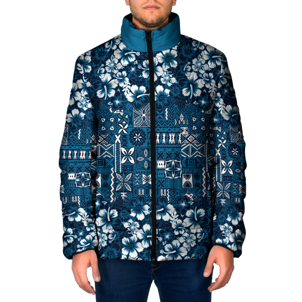 Blue Hawaiian Tapa Tribal Hibiscus Padded Jacket