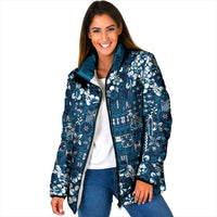 Blue Hawaiian Tapa Tribal Hibiscus Padded Jacket
