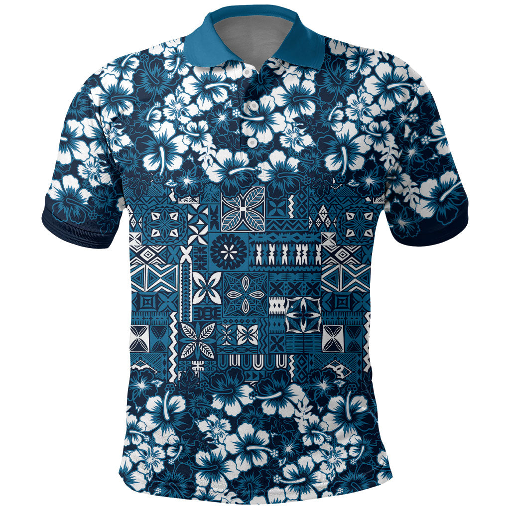 Blue Hawaiian Tapa Tribal Hibiscus Polo Shirt