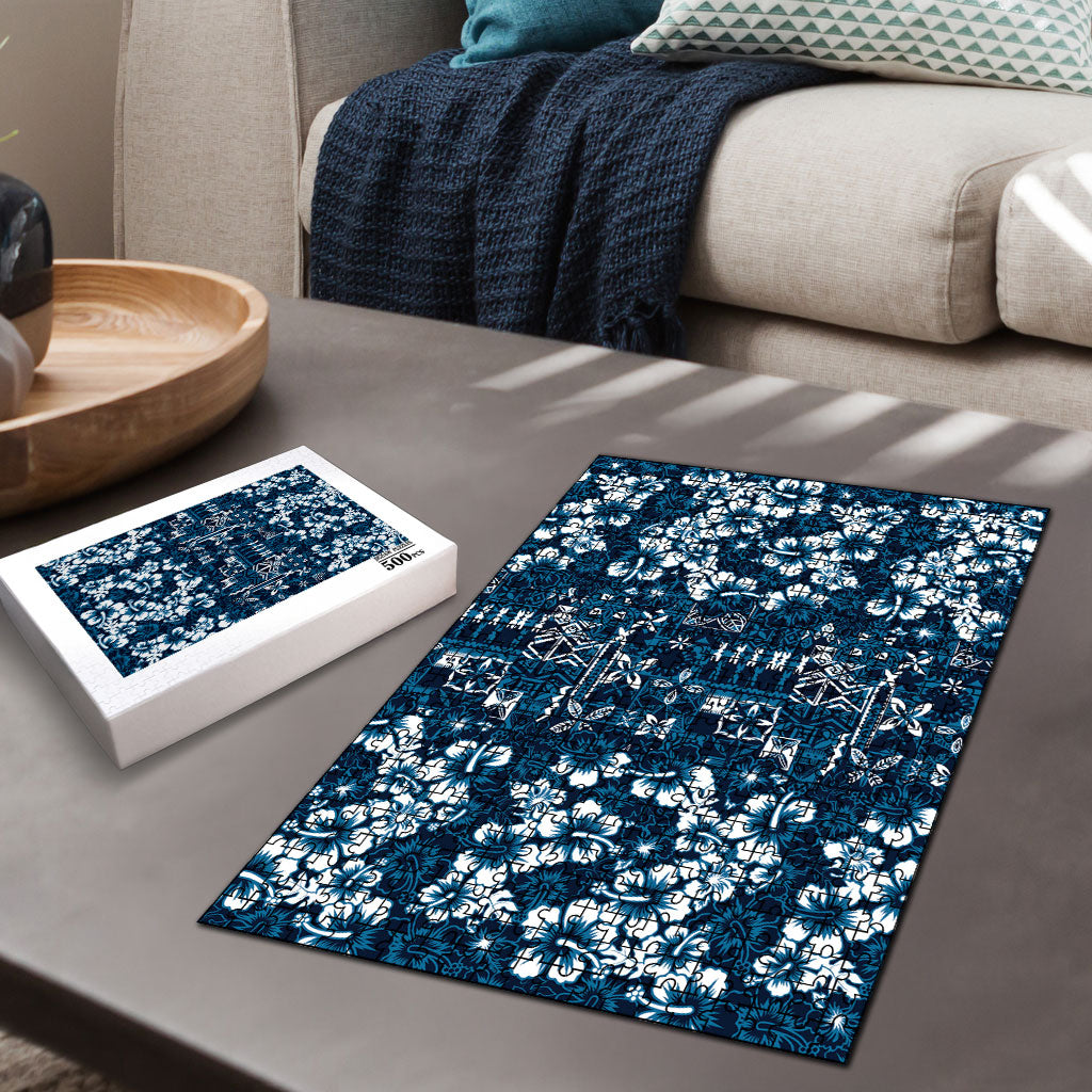 Blue Hawaiian Tapa Tribal Hibiscus Puzzle