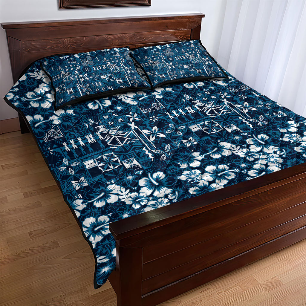 Blue Hawaiian Tapa Tribal Hibiscus Quilt Bed Set