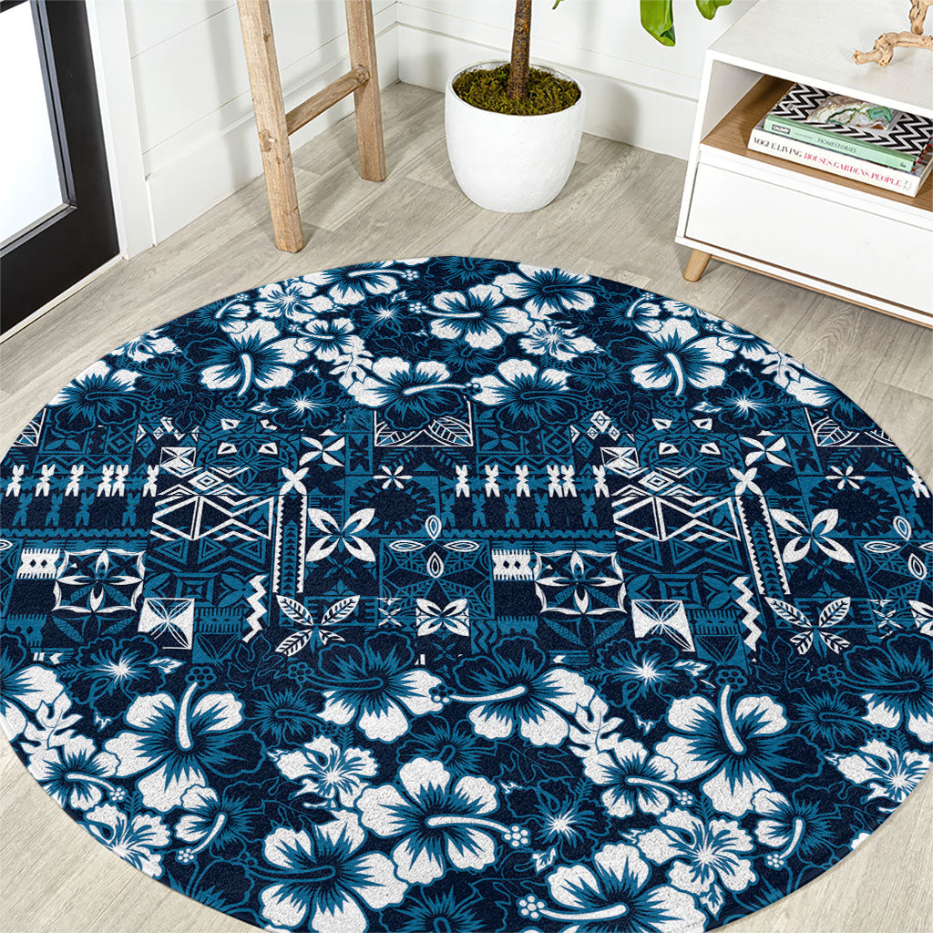 Blue Hawaiian Tapa Tribal Hibiscus Round Carpet