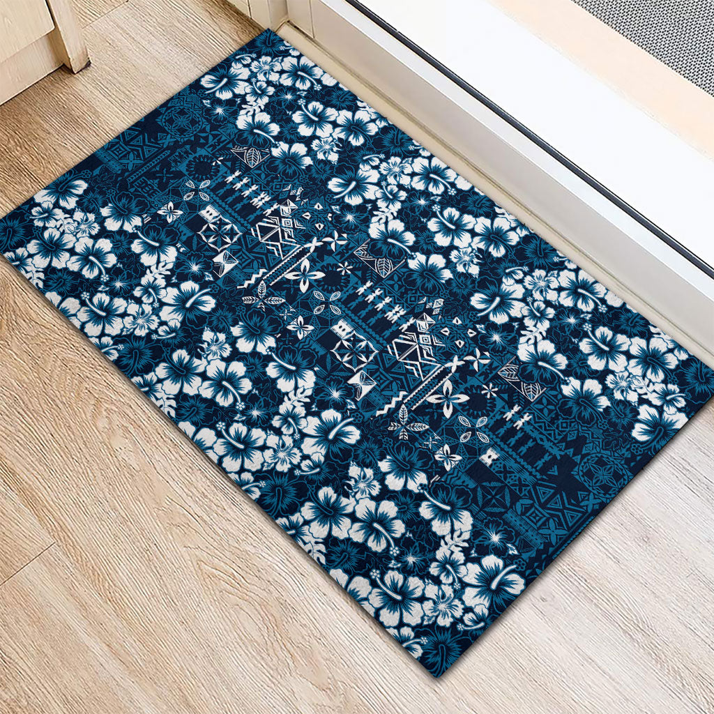 Blue Hawaiian Tapa Tribal Hibiscus Rubber Doormat