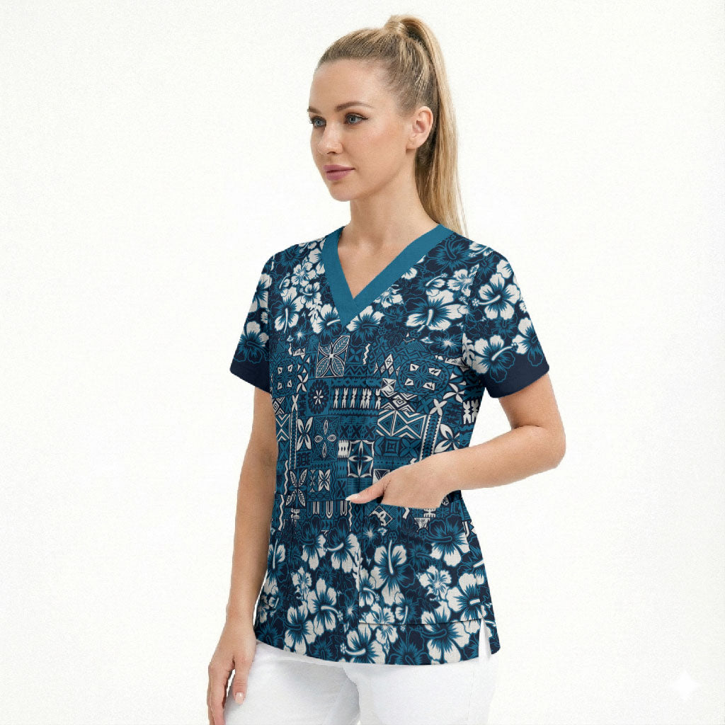 Blue Hawaiian Tapa Tribal Hibiscus Scrub Top