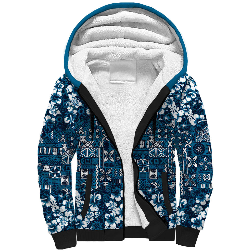 Blue Hawaiian Tapa Tribal Hibiscus Sherpa Hoodie