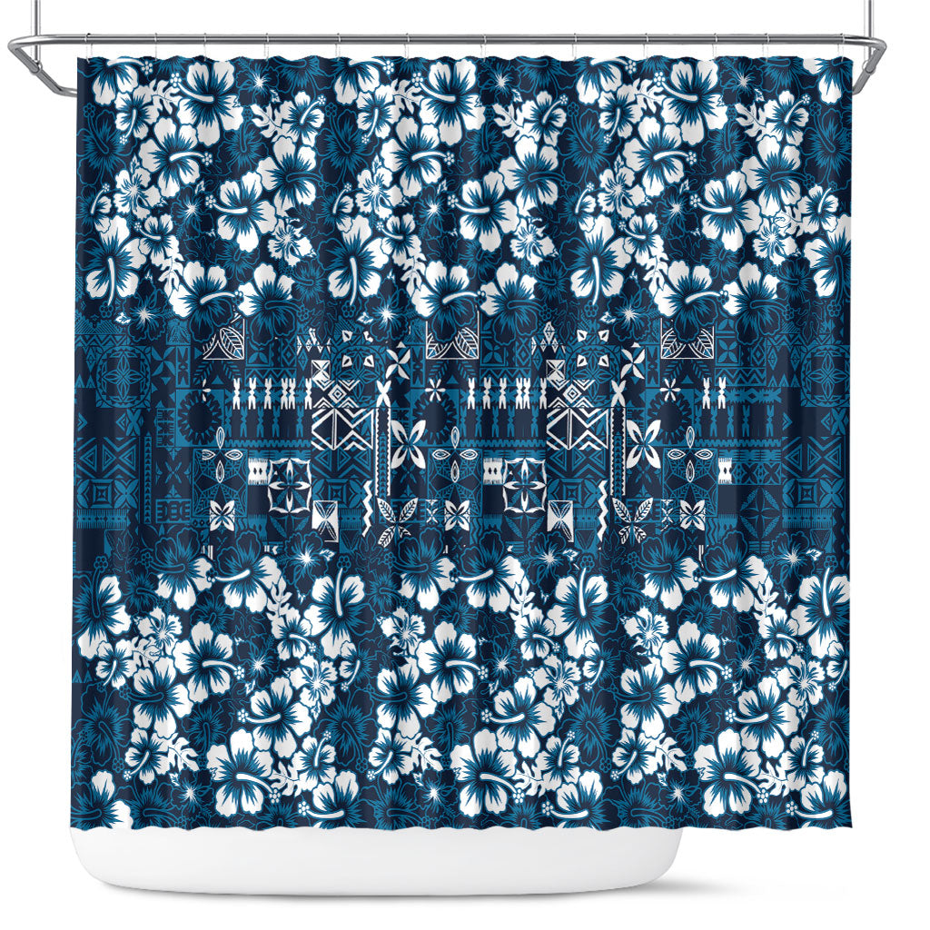 Blue Hawaiian Tapa Tribal Hibiscus Shower Curtain