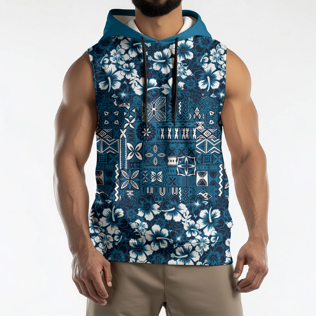 Blue Hawaiian Tapa Tribal Hibiscus Sleeveless Hoodie