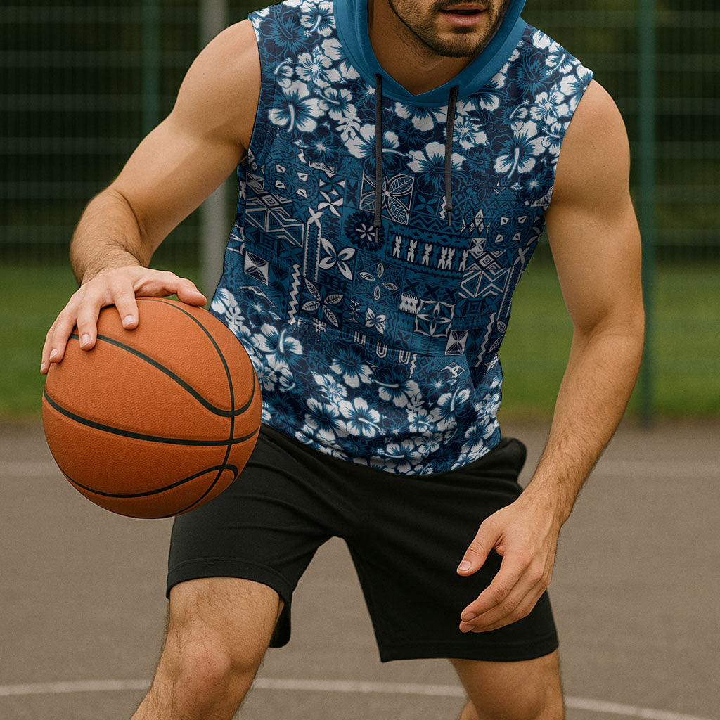 Blue Hawaiian Tapa Tribal Hibiscus Sleeveless Hoodie