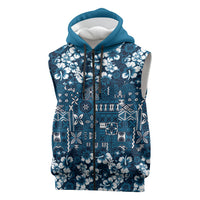 Blue Hawaiian Tapa Tribal Hibiscus Sleeveless Zip Hoodie