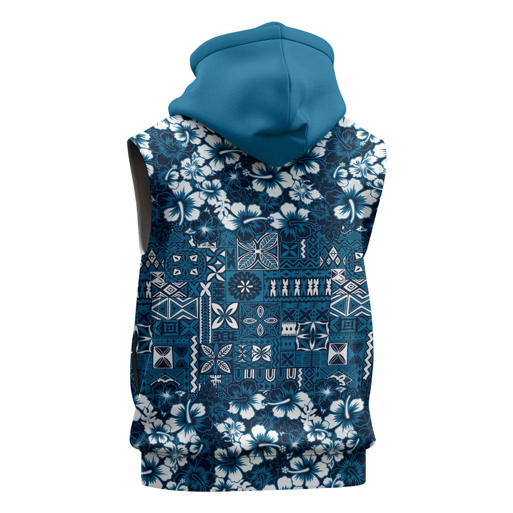 Blue Hawaiian Tapa Tribal Hibiscus Sleeveless Zip Hoodie