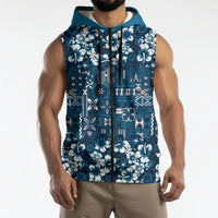 Blue Hawaiian Tapa Tribal Hibiscus Sleeveless Zip Hoodie