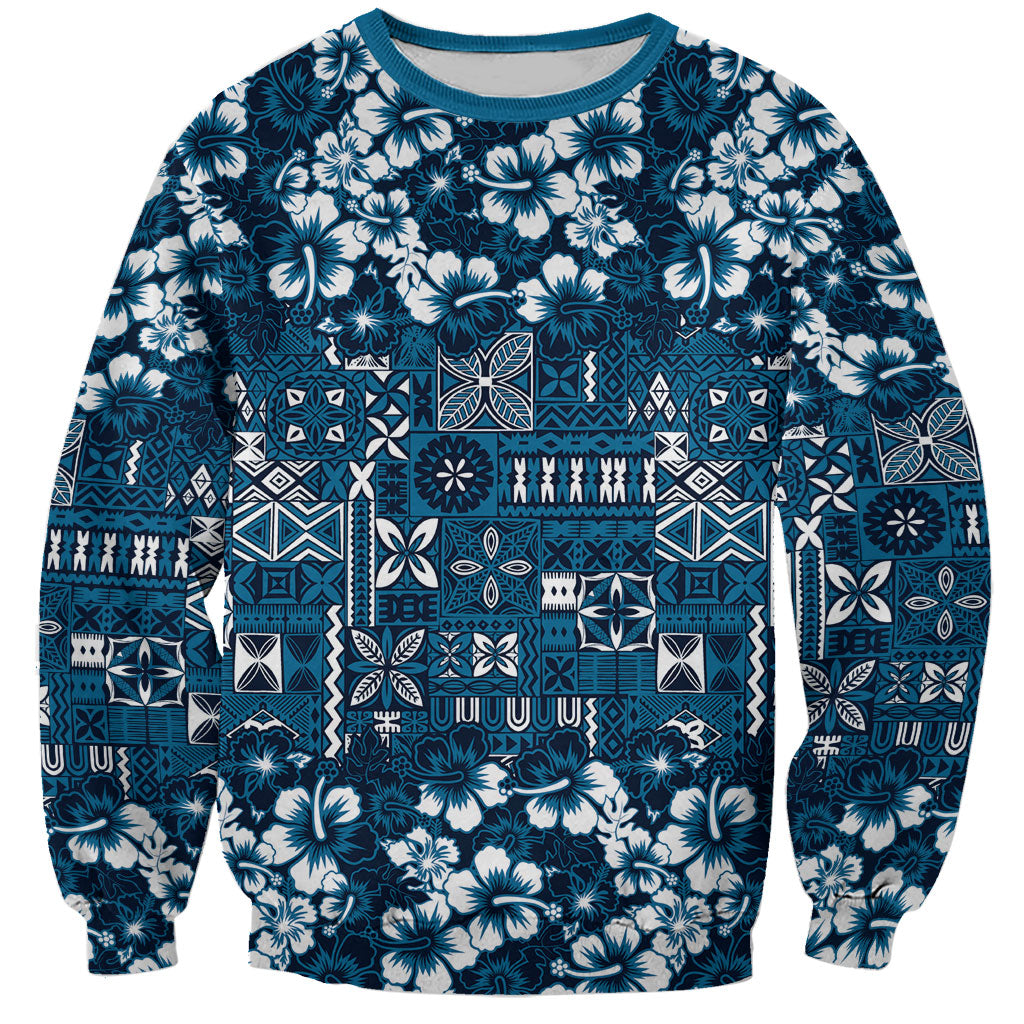 Blue Hawaiian Tapa Tribal Hibiscus Sweatshirt