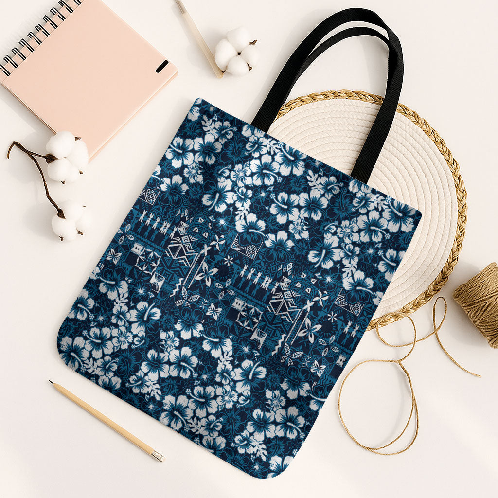 Blue Hawaiian Tapa Tribal Hibiscus Tote Bag