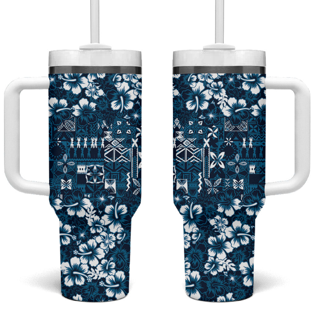 Blue Hawaiian Tapa Tribal Hibiscus Tumbler With Handle