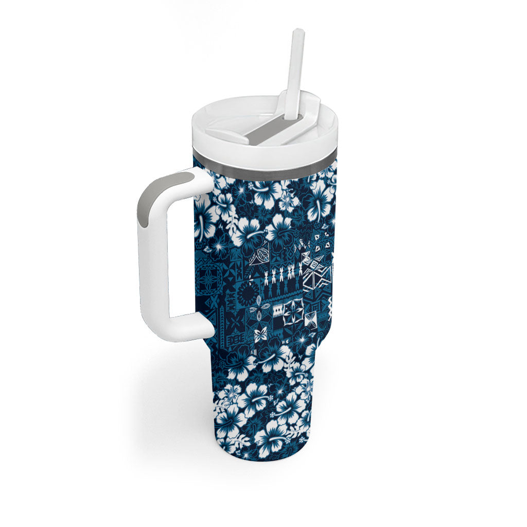 Blue Hawaiian Tapa Tribal Hibiscus Tumbler With Handle