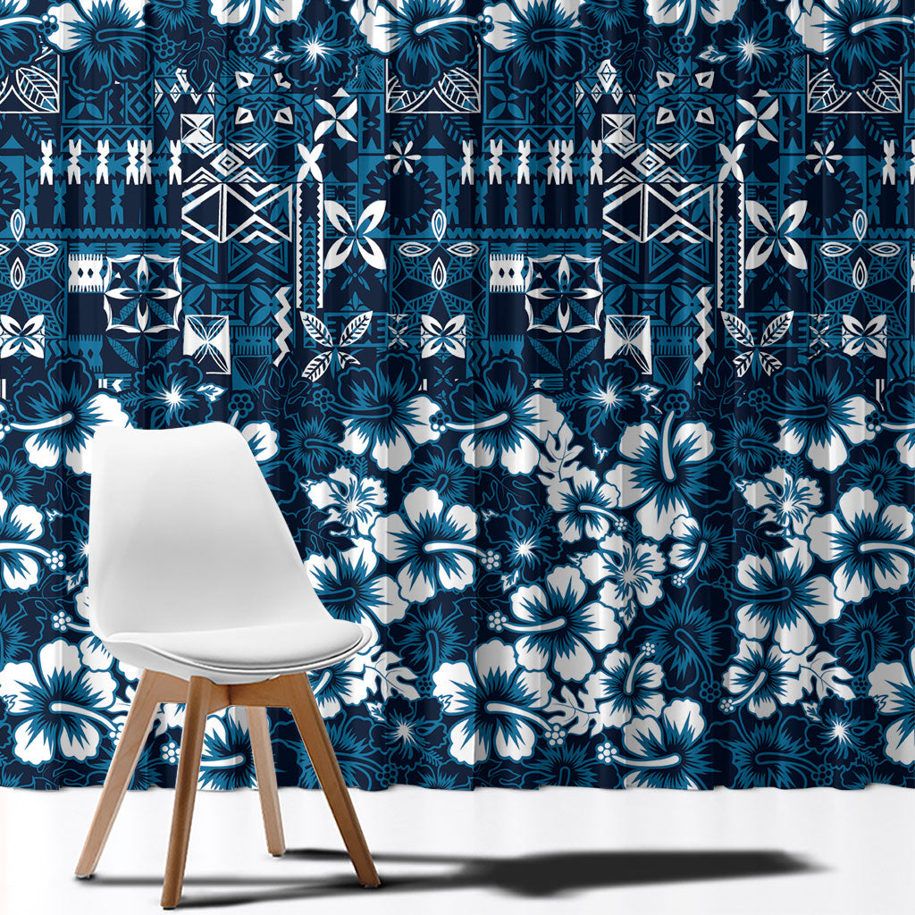 Blue Hawaiian Tapa Tribal Hibiscus Window Curtain