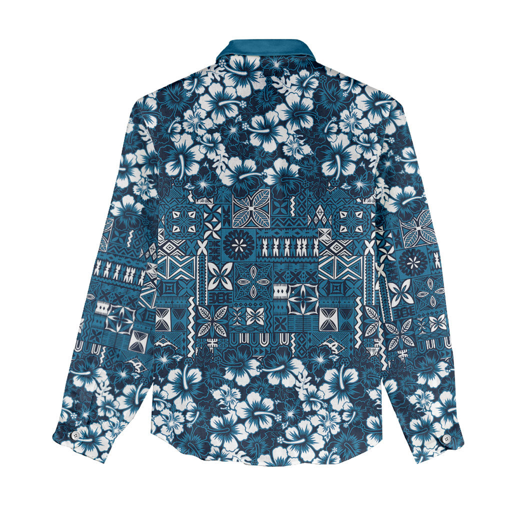 Blue Hawaiian Tapa Tribal Hibiscus Women Casual Shirt