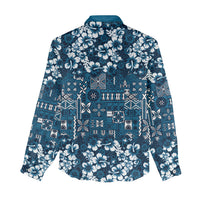 Blue Hawaiian Tapa Tribal Hibiscus Women Casual Shirt