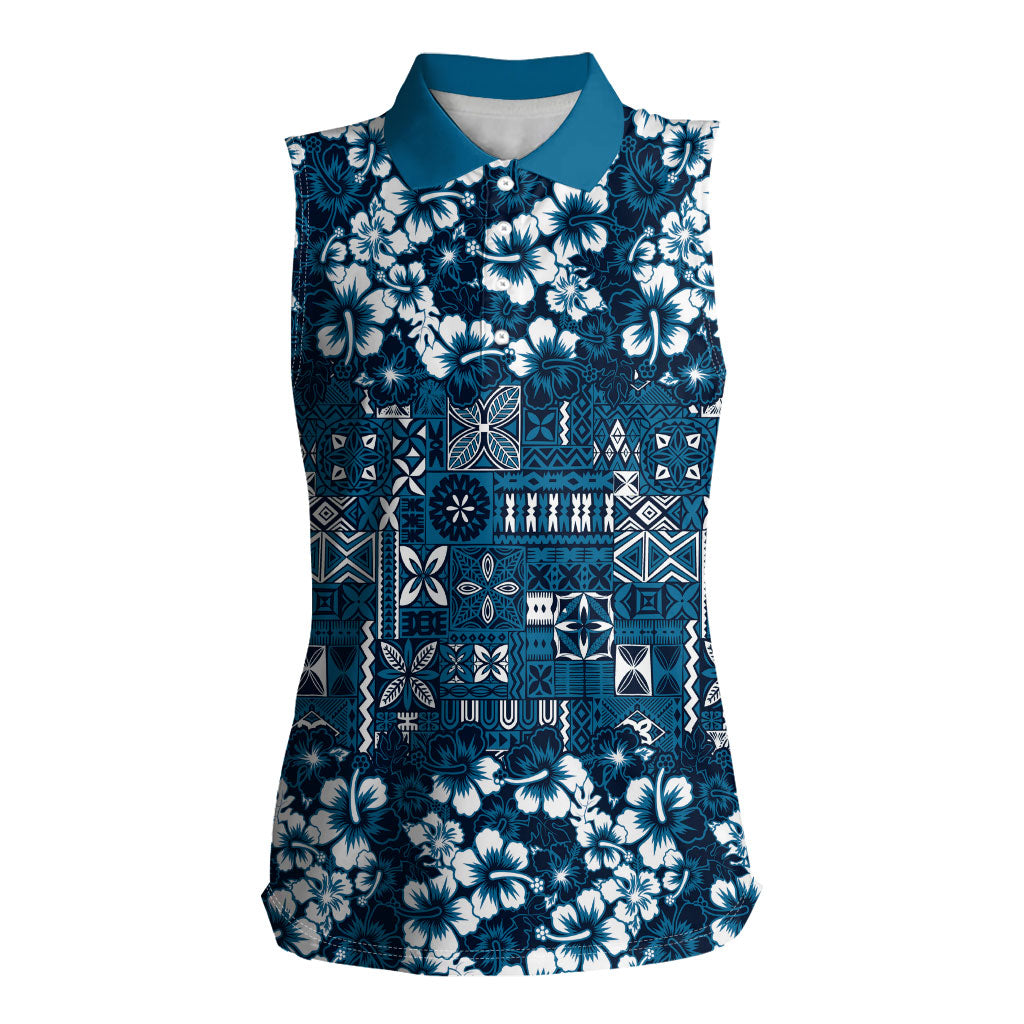 Blue Hawaiian Tapa Tribal Hibiscus Women Sleeveless Polo Shirt