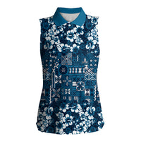 Blue Hawaiian Tapa Tribal Hibiscus Women Sleeveless Polo Shirt
