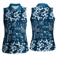 Blue Hawaiian Tapa Tribal Hibiscus Women Sleeveless Polo Shirt