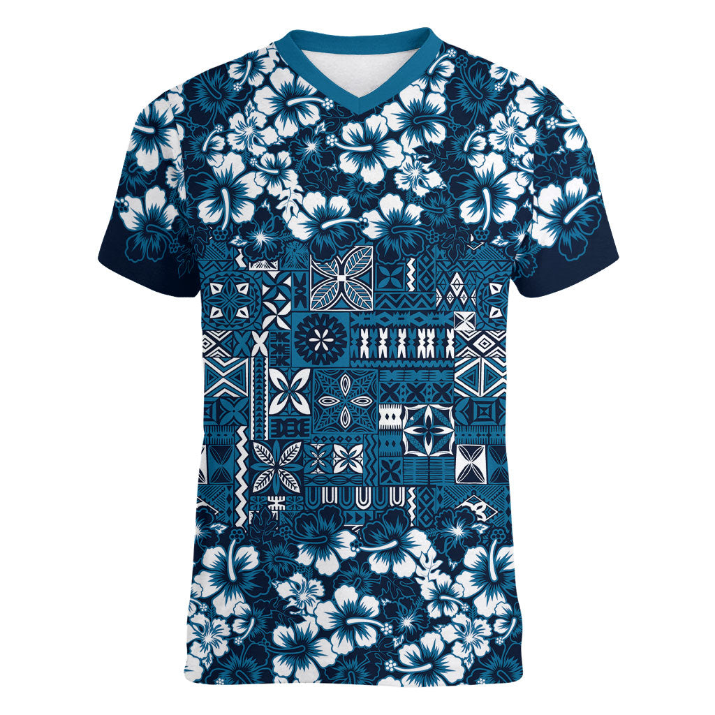 Blue Hawaiian Tapa Tribal Hibiscus Women V-Neck T-Shirt