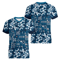 Blue Hawaiian Tapa Tribal Hibiscus Women V-Neck T-Shirt