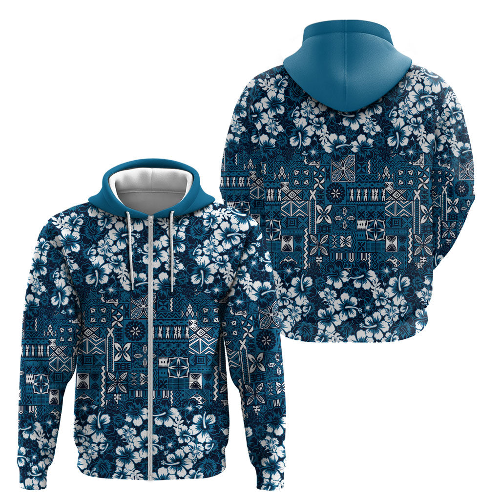 Blue Hawaiian Tapa Tribal Hibiscus Zip Hoodie