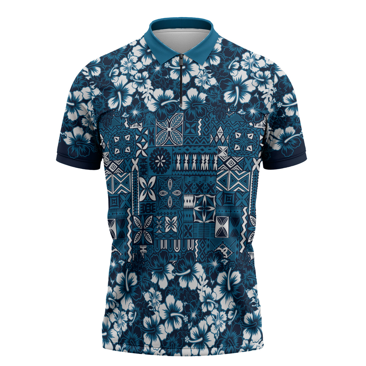 Blue Hawaiian Tapa Tribal Hibiscus Zipper Polo Shirt