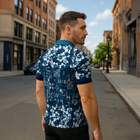 Blue Hawaiian Tapa Tribal Hibiscus Zipper Polo Shirt