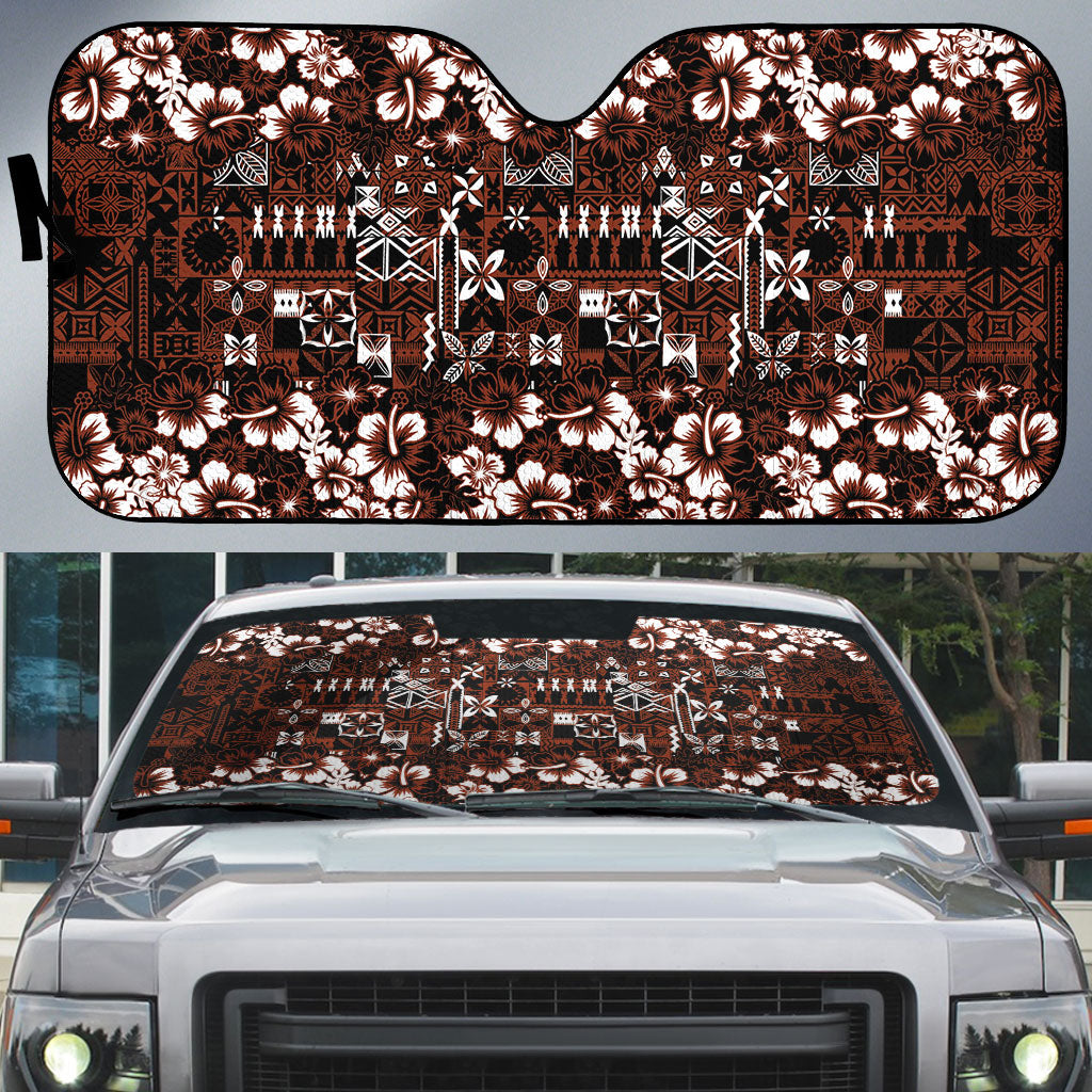 Burgundy Hawaiian Tapa Tribal Hibiscus Auto Sun Shade
