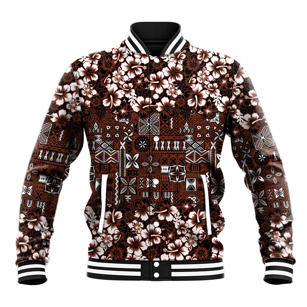 Burgundy Hawaiian Tapa Tribal Hibiscus Baseball Jacket