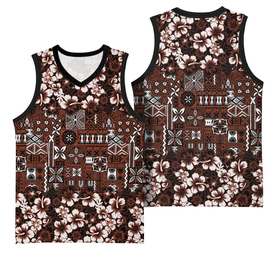 Burgundy Hawaiian Tapa Tribal Hibiscus Basketball Jersey