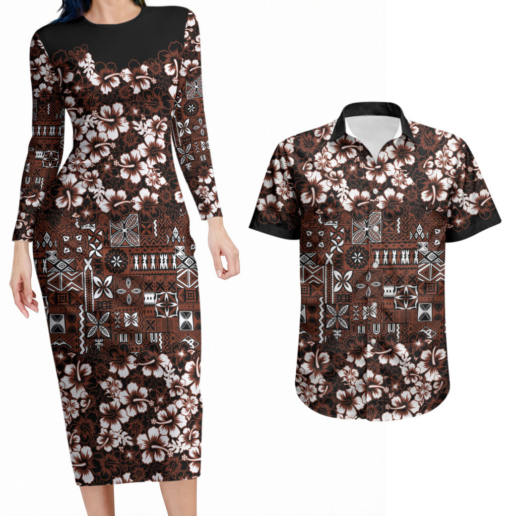Burgundy Hawaiian Tapa Tribal Hibiscus Couples Matching Long Sleeve Bodycon Dress and Hawaiian Shirt LT9 Burgundy - Polynesian Pride