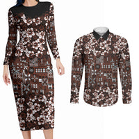 Burgundy Hawaiian Tapa Tribal Hibiscus Couples Matching Long Sleeve Bodycon Dress and Long Sleeve Button Shirt