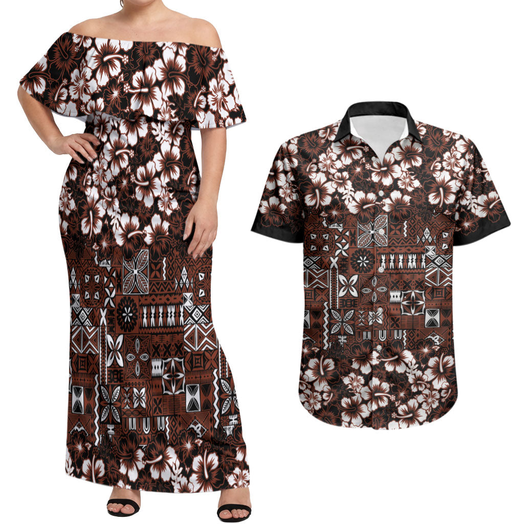 Burgundy Hawaiian Tapa Tribal Hibiscus Couples Matching Off Shoulder Maxi Dress and Hawaiian Shirt