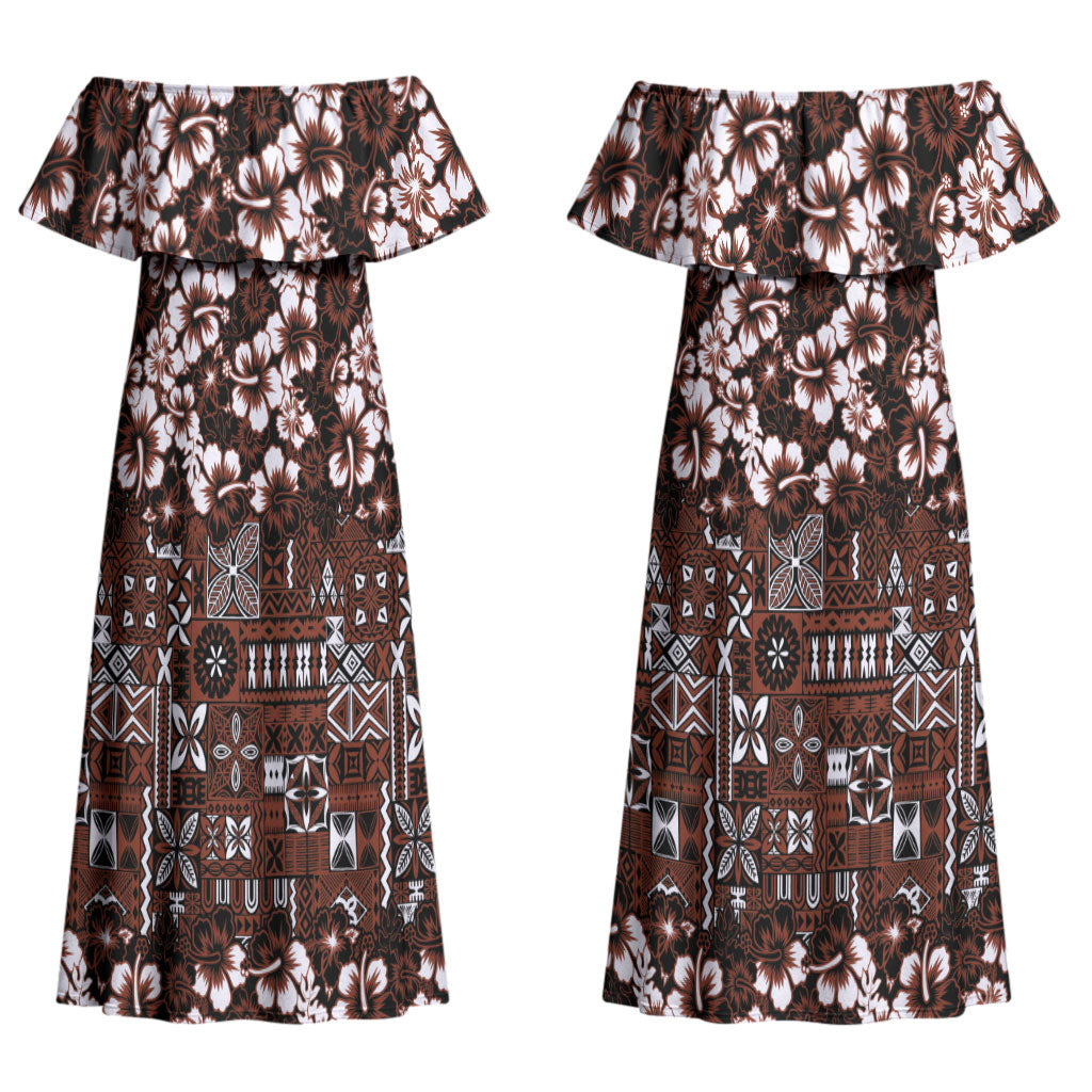 Burgundy Hawaiian Tapa Tribal Hibiscus Couples Matching Off Shoulder Maxi Dress and Long Sleeve Button Shirt