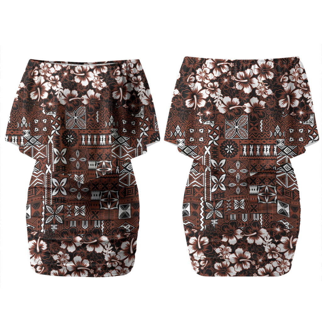 Burgundy Hawaiian Tapa Tribal Hibiscus Couples Matching Off Shoulder Short Dress and Hawaiian Shirt