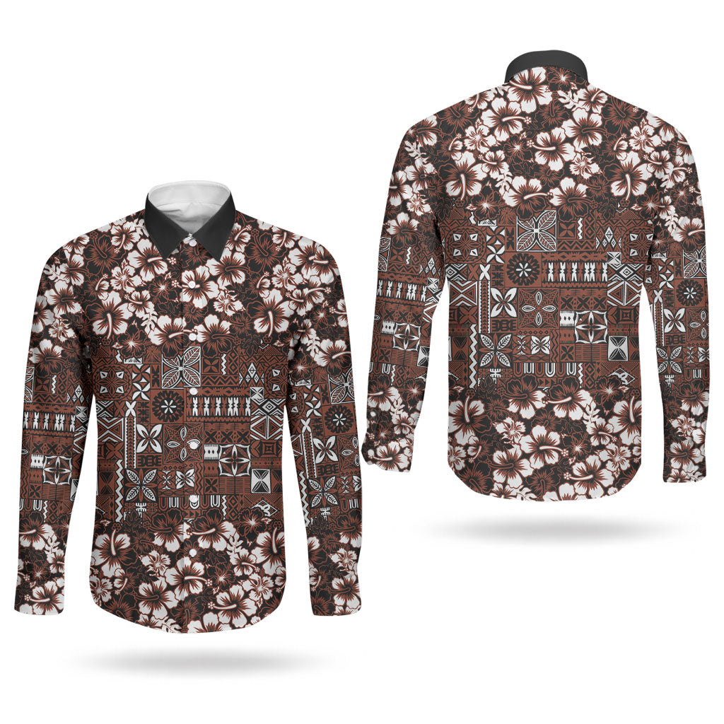 Burgundy Hawaiian Tapa Tribal Hibiscus Couples Matching Off Shoulder Short Dress and Long Sleeve Button Shirt
