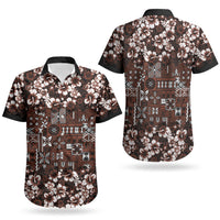 Burgundy Hawaiian Tapa Tribal Hibiscus Couples Matching Short Sleeve Bodycon Dress and Hawaiian Shirt
